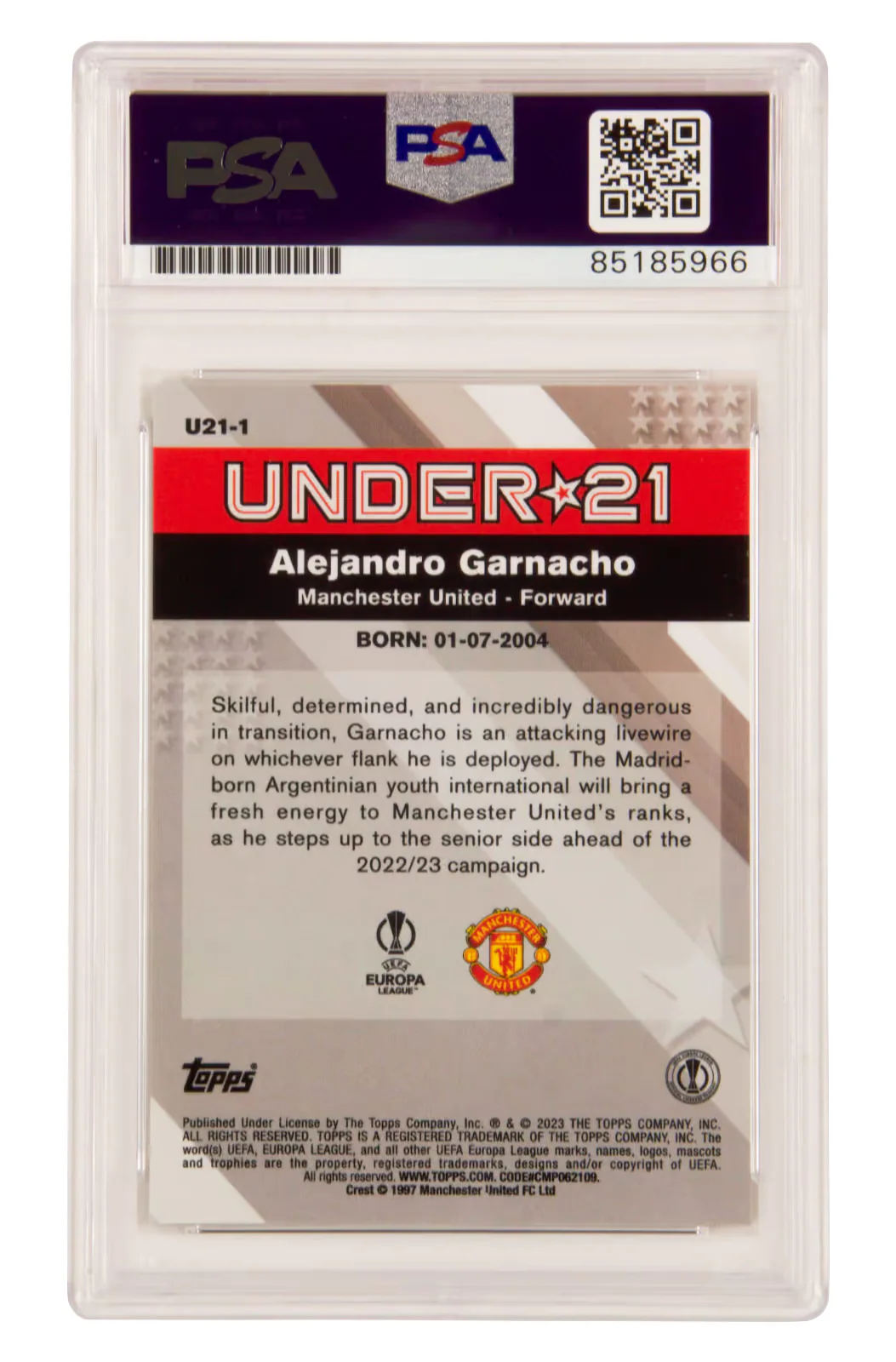 Alejandro Garnacho Signed 2022 Topps Merlin Chrome Rookie Card – PSA Authentic - Image 2