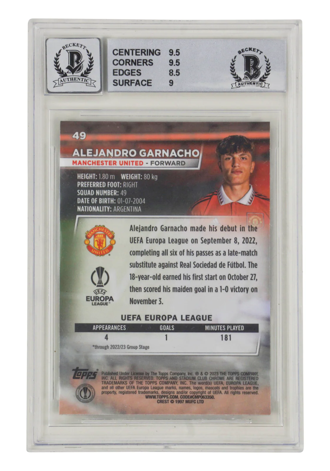 Alejandro Garnacho Signed 2022 Topps Stadium Club Chrome RC - BGS 9 AUTO 10 - Image 2