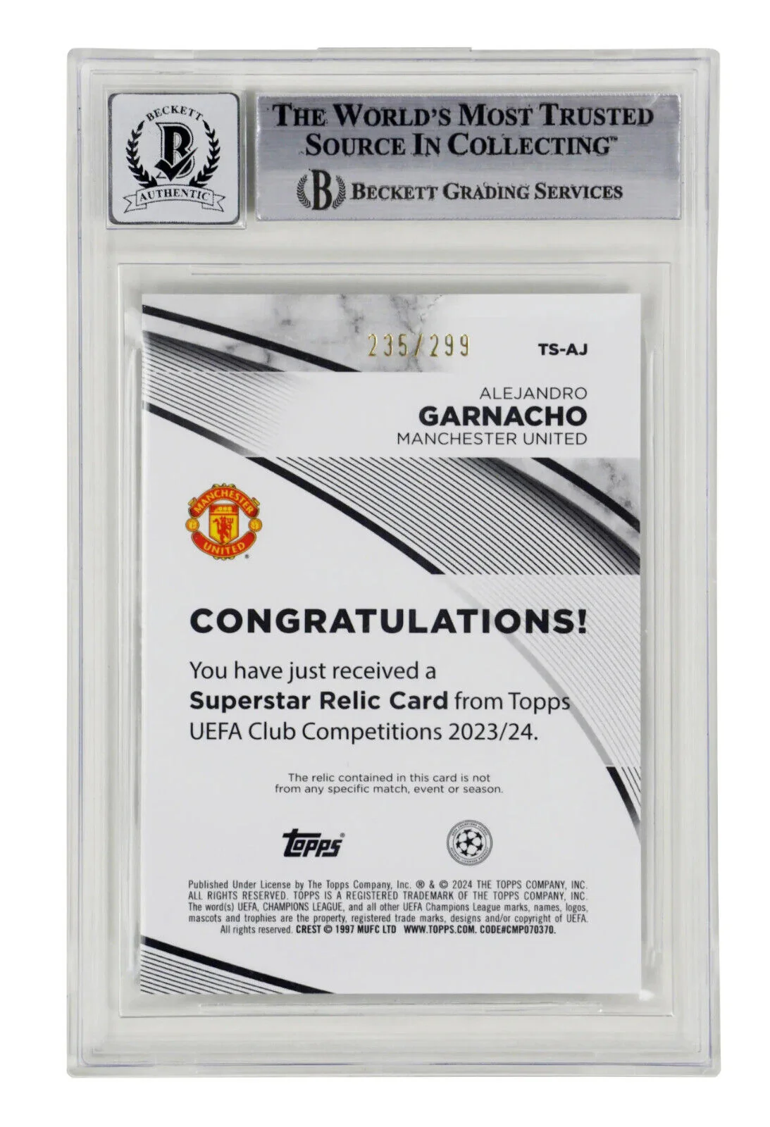 Alejandro Garnacho Signed 2023-24 Topps UCC Superstar Relics /299 – BGS 10 - Image 2