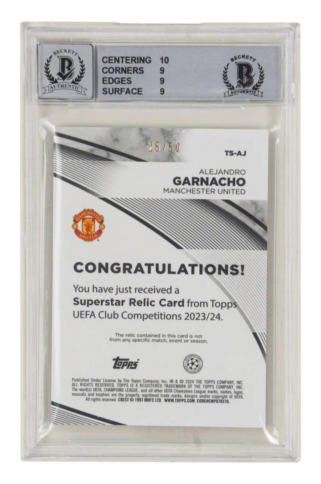 Alejandro Garnacho Signed 2023-24 Topps UCC Superstar Relics /50 – BGS 9 - Image 2
