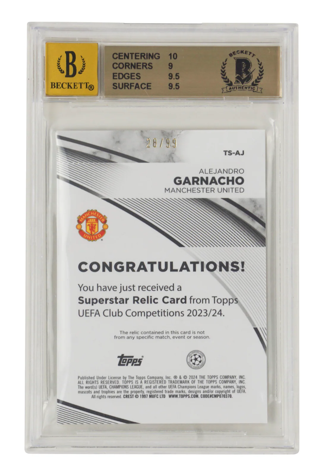 Alejandro Garnacho Signed 2023-24 Topps UCC Superstar Relics /99 – BGS 9.5 - Image 2
