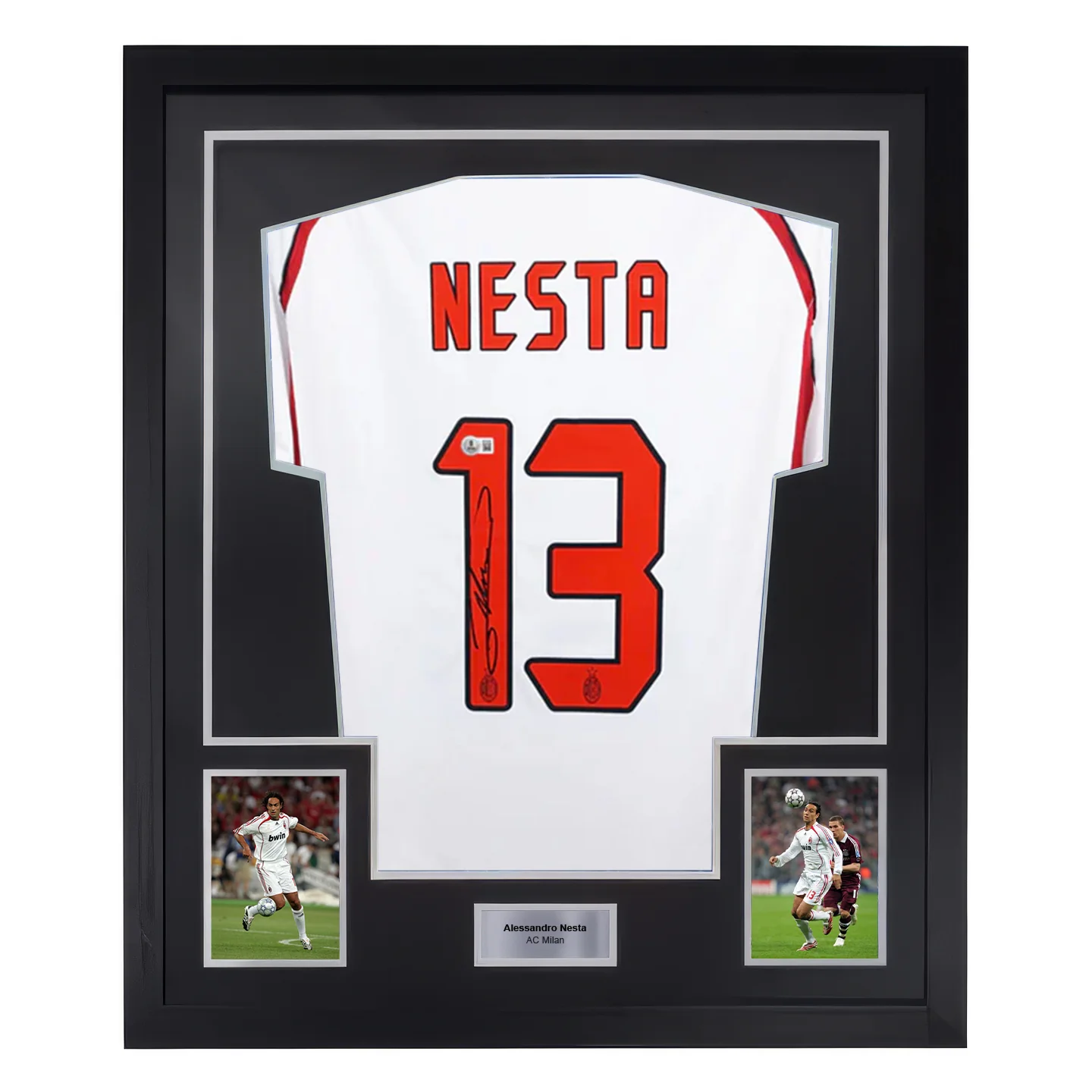 Framed Alessandro Nesta Signed AC Milan Away Soccer Jersey #13 with Beckett Witness