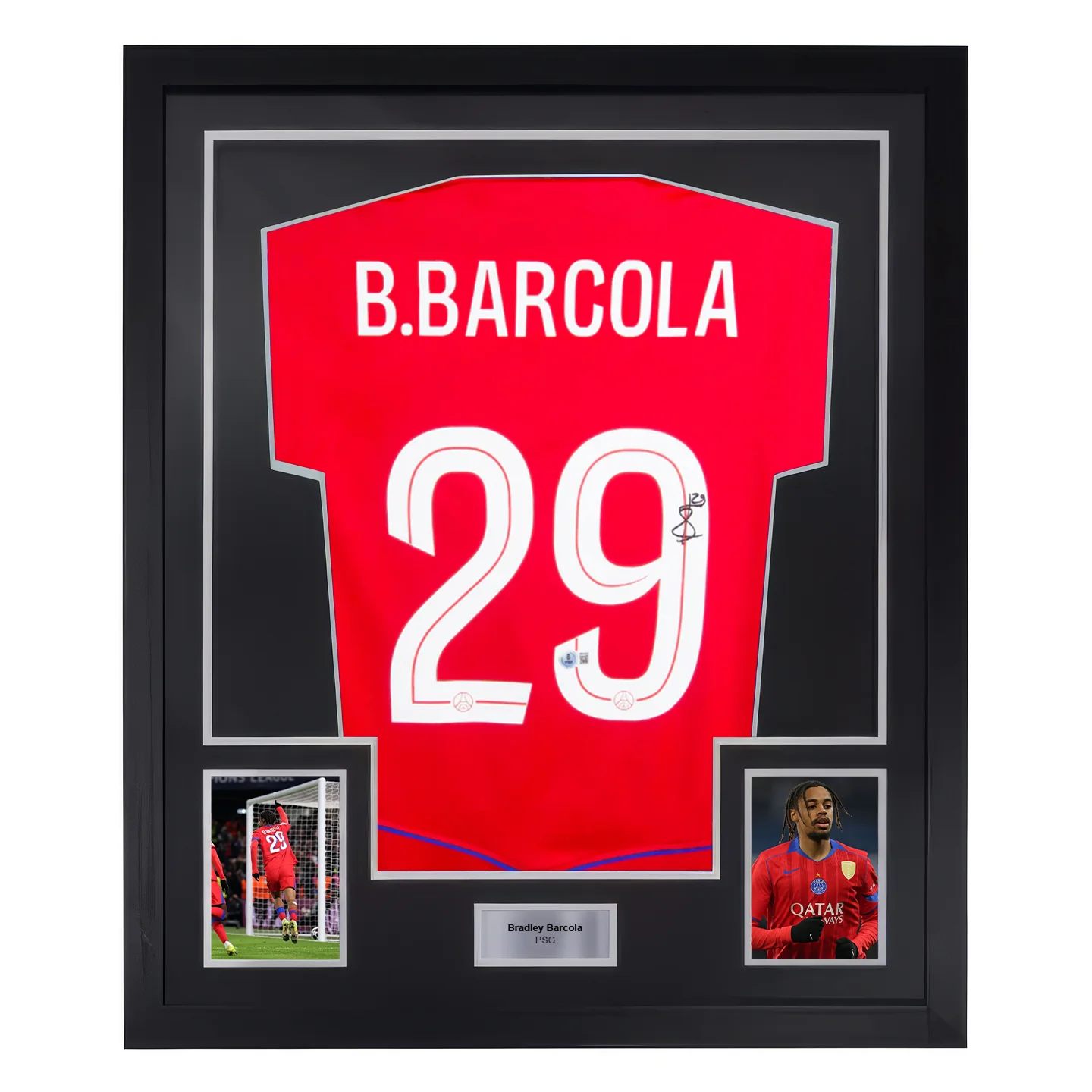 Framed Bradley Barcola Signed PSG Away Soccer Jersey #29 with Beckett Witness