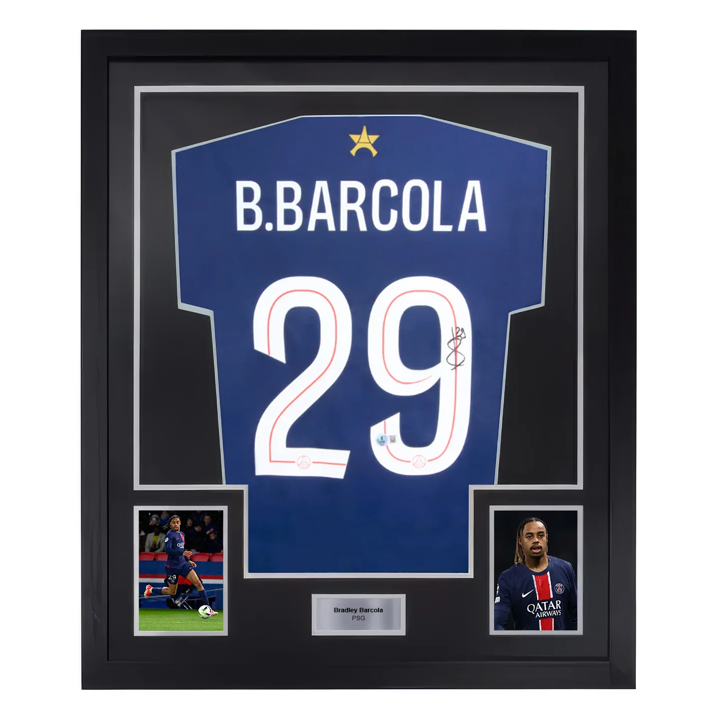Framed Bradley Barcola Signed PSG Home Soccer Jersey #29 with Beckett Witness