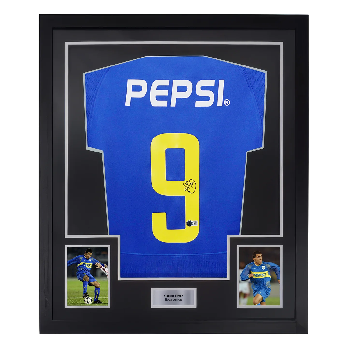 Framed Carlos Tevez Signed Boca Juniors Soccer Jersey #9 with Beckett Witness