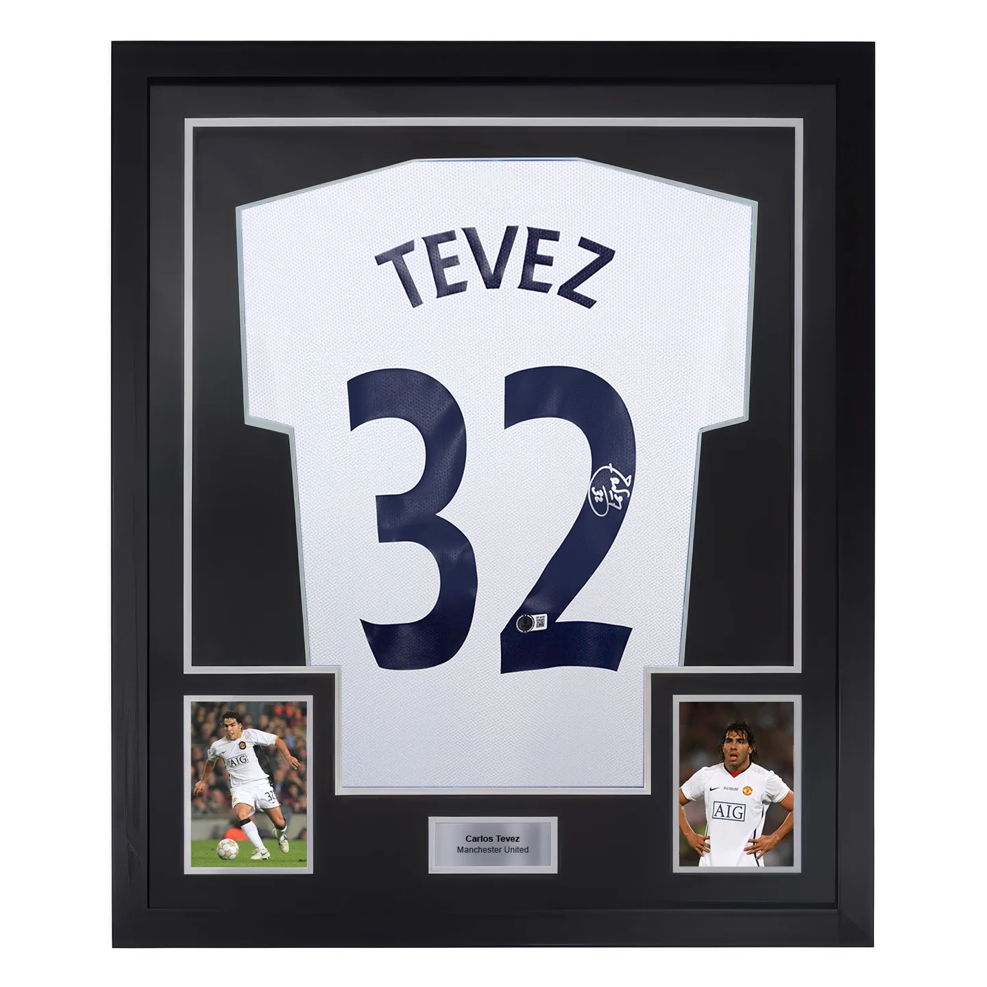 Framed Carlos Tevez Signed Manchester Utd Away Soccer Jersey #32 with Beckett Witness