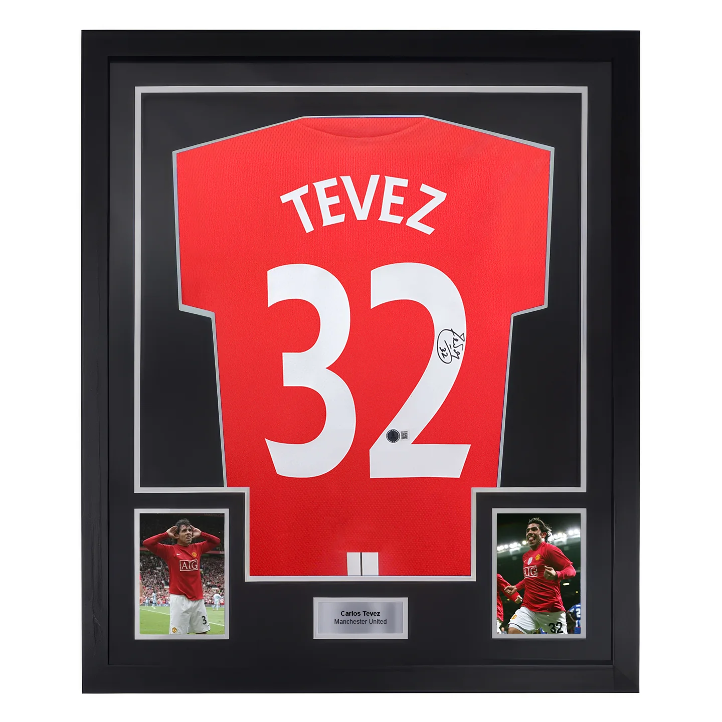 Framed Carlos Tevez Signed Manchester Utd Home Soccer Jersey #32 with Beckett Witness