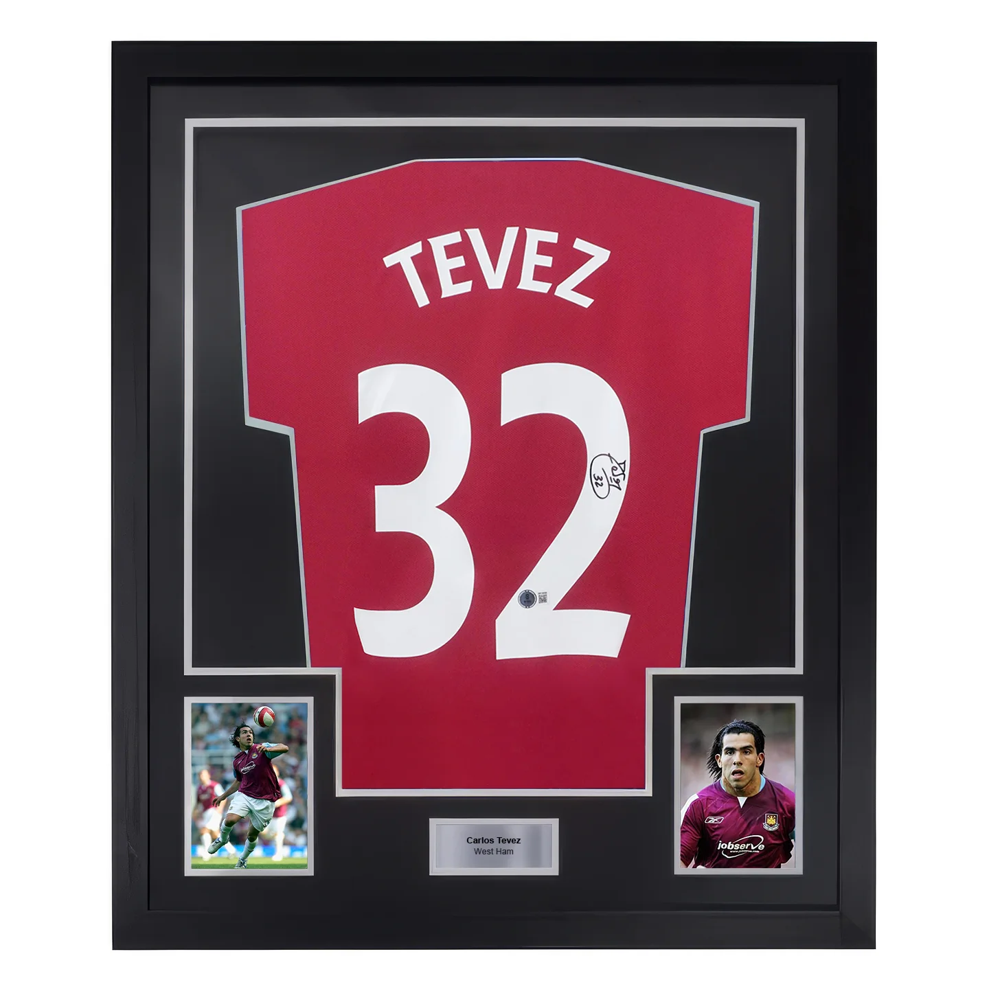 Framed Carlos Tevez Signed West Ham Home Soccer Jersey #32 with Beckett Witness