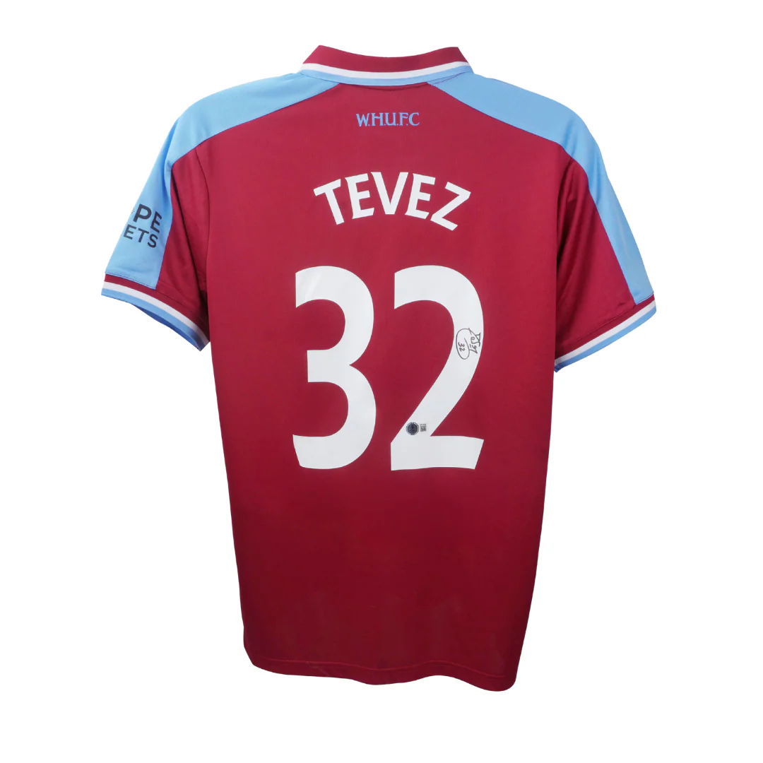 Framed Carlos Tevez Signed West Ham Home Soccer Jersey #32 with Beckett Witness - Image 2