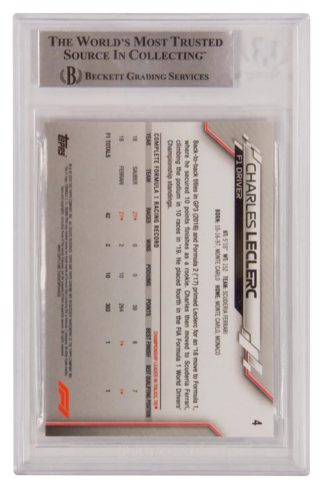 Charles Leclerc Signed 2020 Topps Chrome Formula 1 #4 – BGS Authentic - Image 2