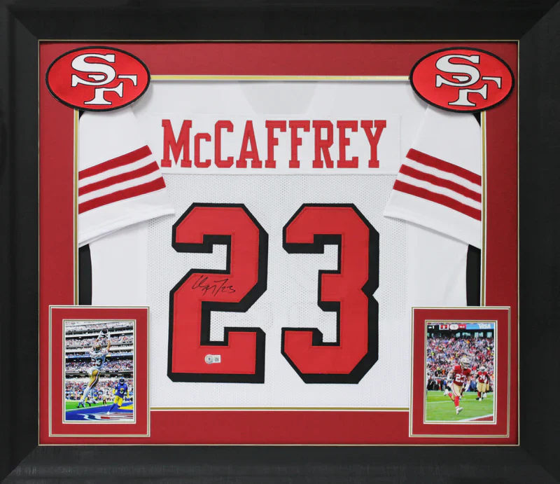 Christian McCaffrey Signed San Francisco 49ers Framed Football Jersey with Beckett COA