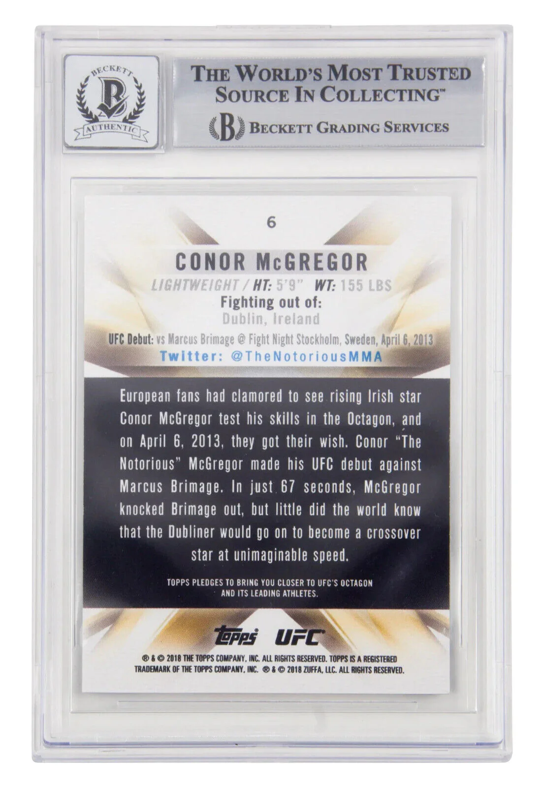 Conor McGregor Signed 2018 Topps UFC Knockout #6 – BGS 10 Autograph - Image 2