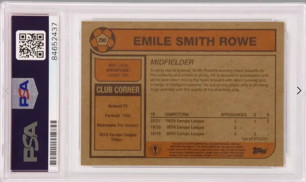 Emile Smith Rowe Signed 2021 Topps Living Set #290 – PSA 10 Autograph - Image 2
