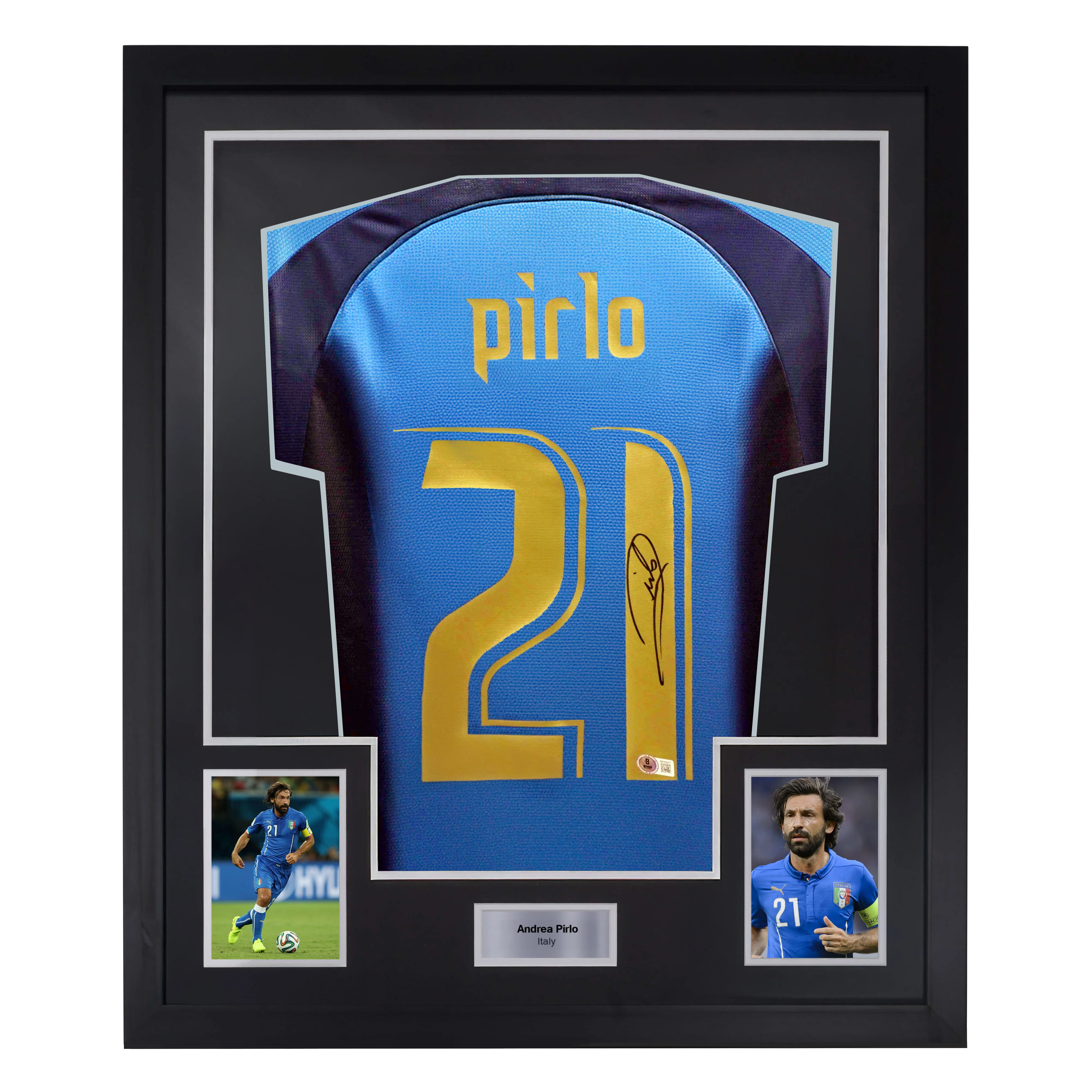 Framed Andrea Pirlo Signed Italy FC Home Soccer Jersey #21 with Beckett Witness
