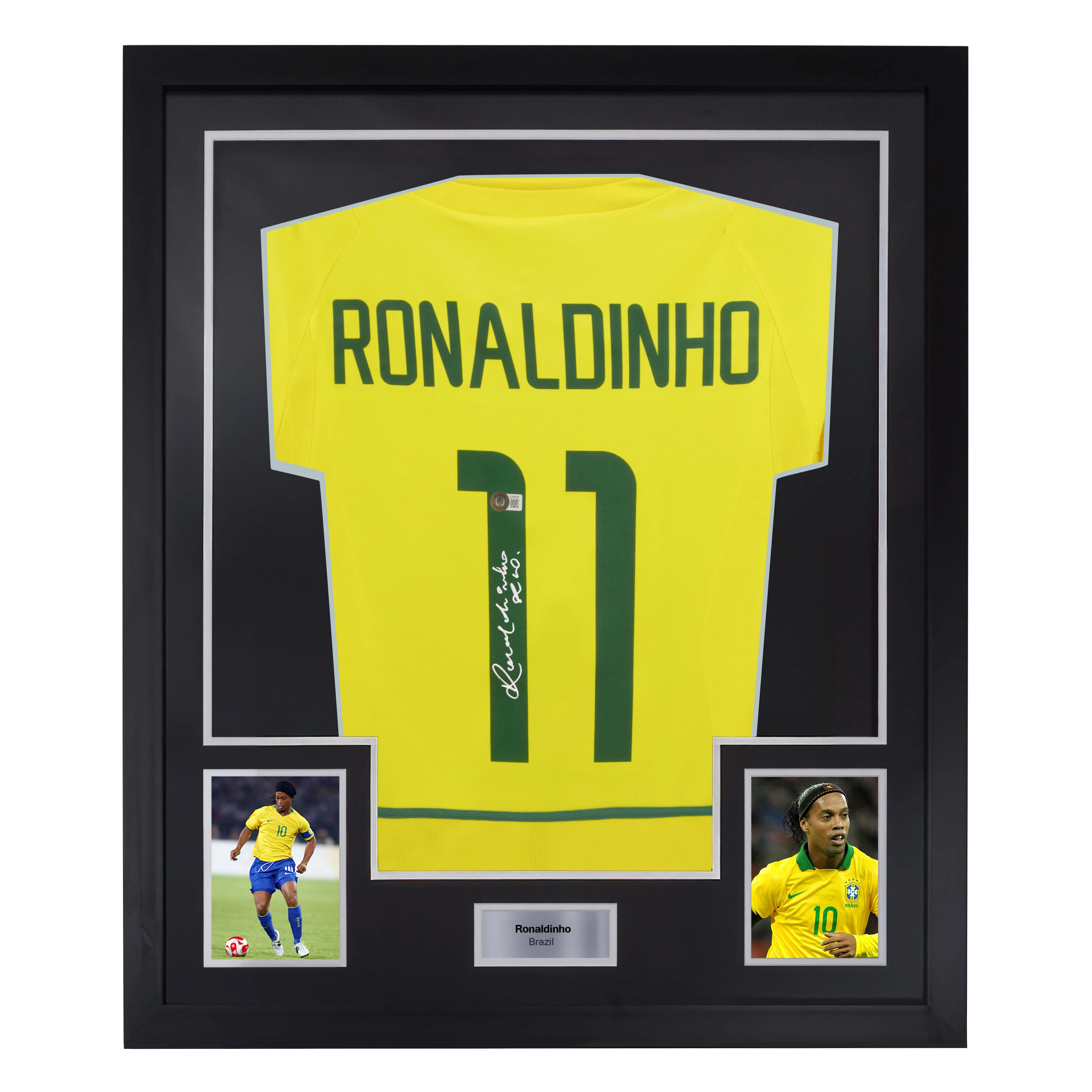 Framed Ronaldinho Signed Brazil FC Home Soccer Jersey #11 with Beckett COA