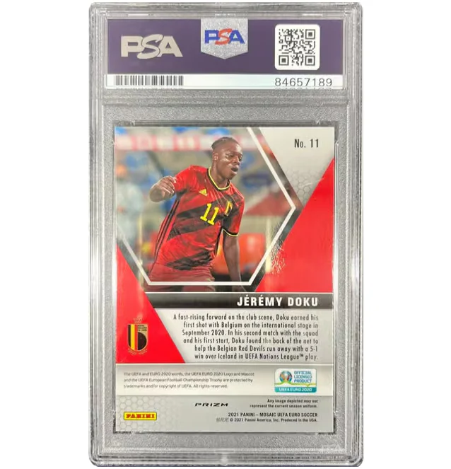 Jeremy Doku Signed 2021 Panini Mosaic Red Prizm Rookie #11 – PSA Authentic - Image 2