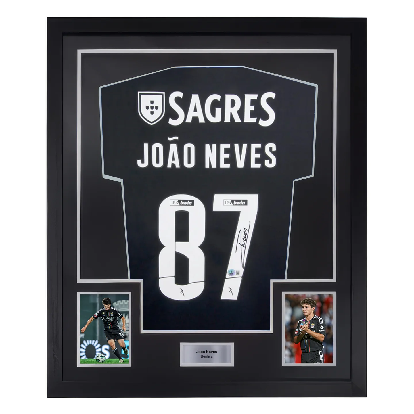 Framed Joao Neves Signed Benfica Away Soccer Jersey #87 with Beckett Witness