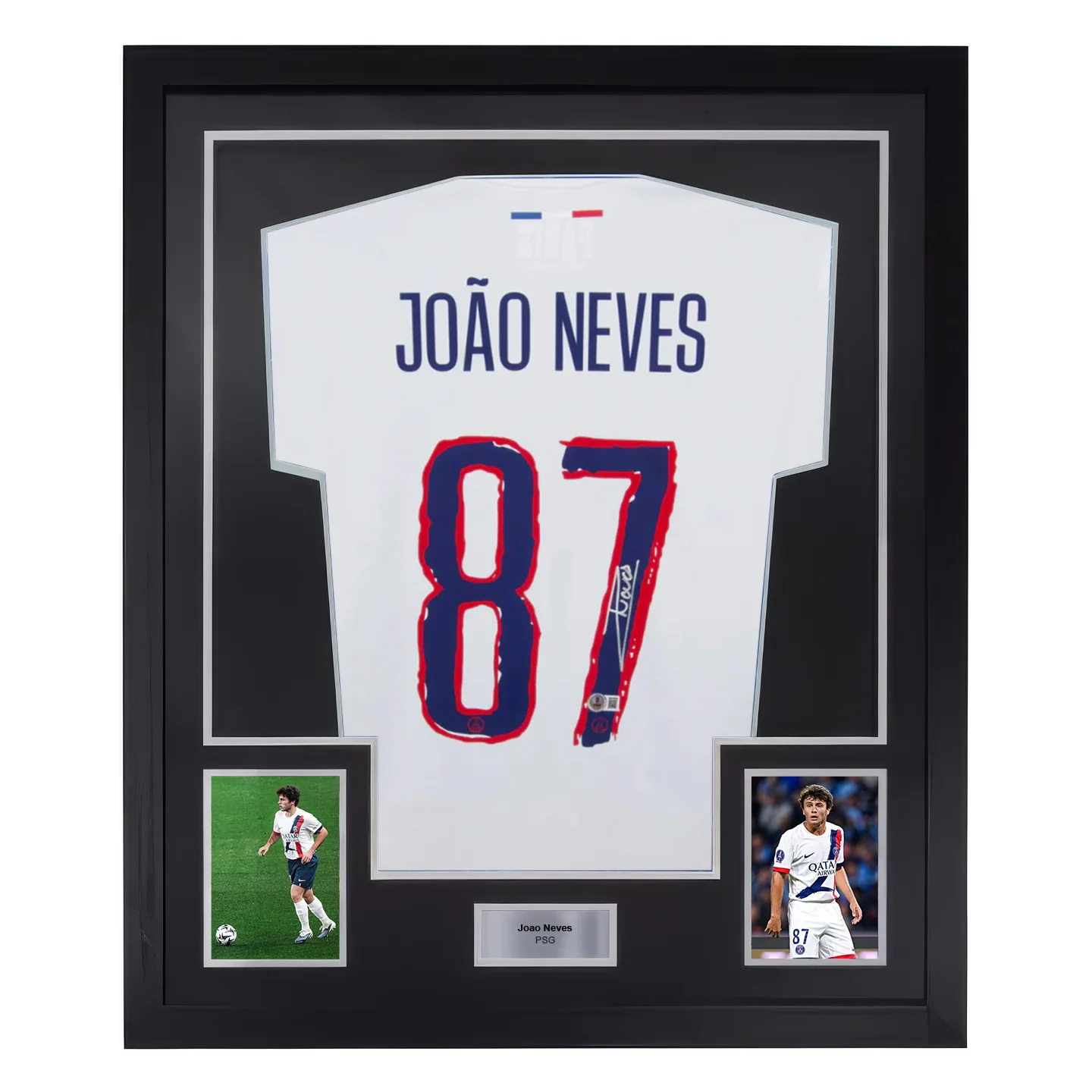 Framed Joao Neves Signed PSG Away Soccer Jersey #87 with Beckett Witness