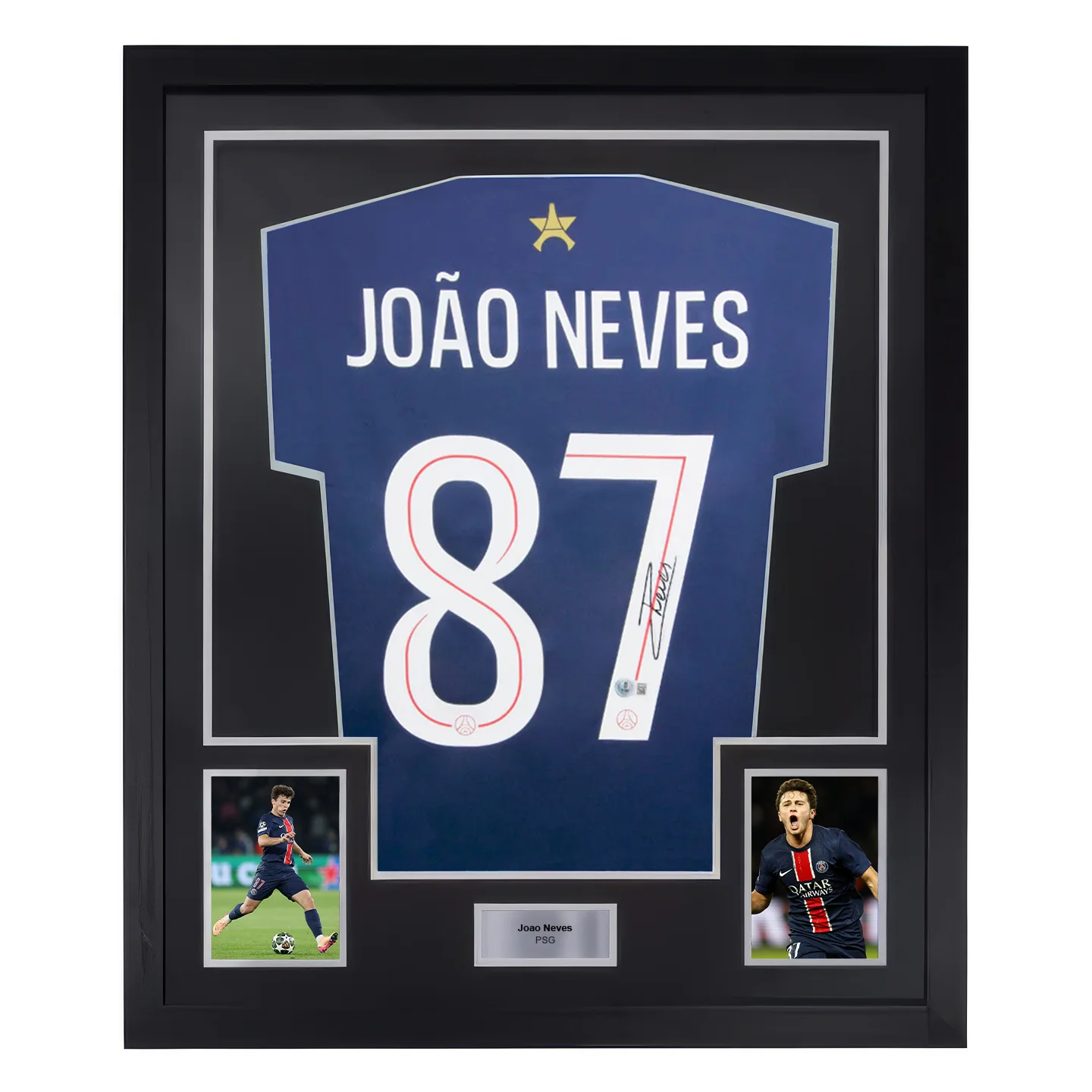 Framed Joao Neves Signed PSG Home Soccer Jersey #87 with Beckett Witness