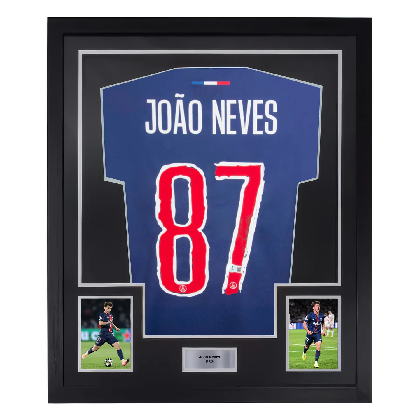 Framed Joao Neves Signed PSG Soccer Jersey #87 with Beckett Witness
