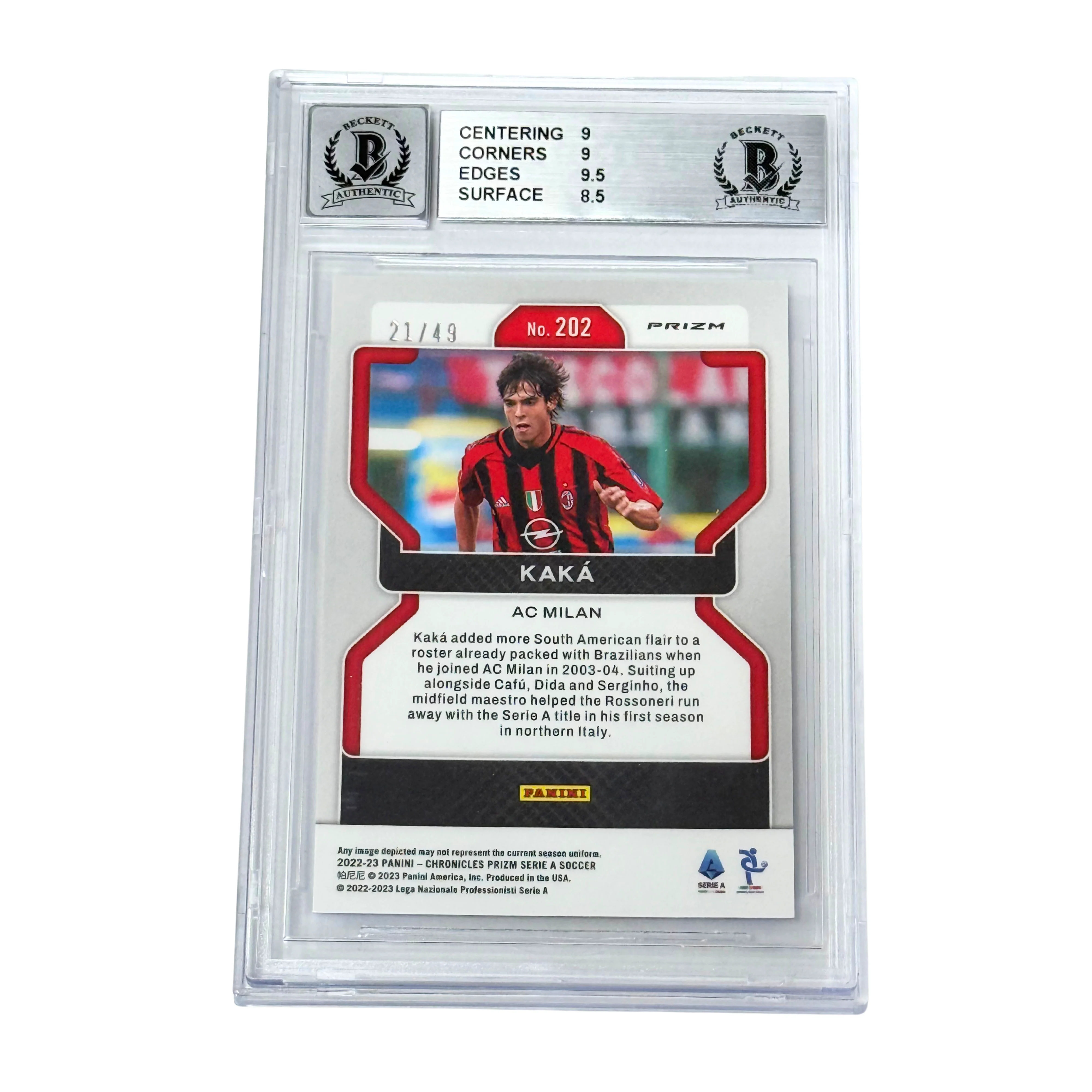 Kaka Signed 2022-23 Panini Chronicles Serie A Blue /49 #202 – BGS 9 AUTO 8 - Image 2