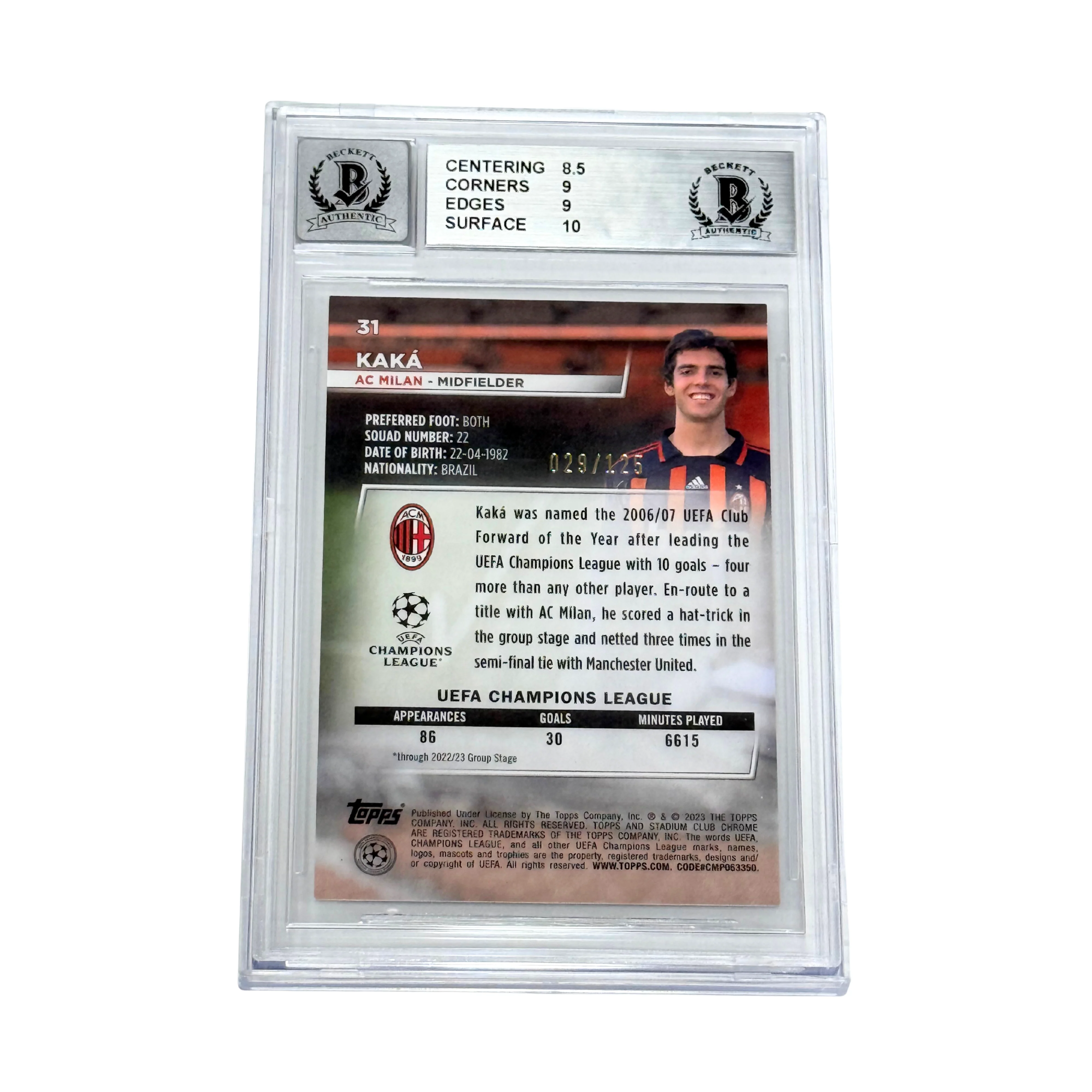 Kaka Signed 2022-23 Topps Stadium Club Chrome Green /125 – BGS 9 AUTO 10 - Image 2