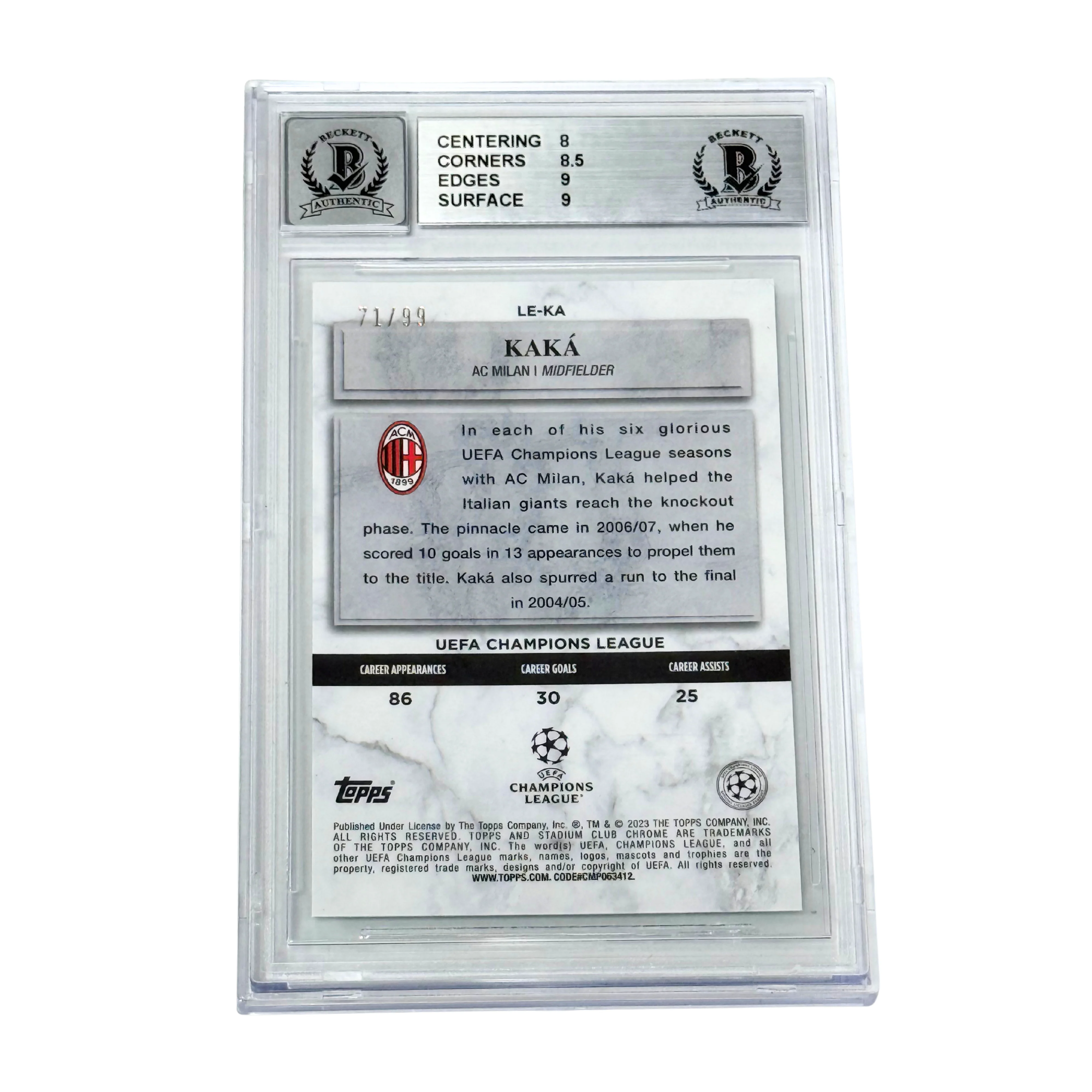 Kaka Signed 2022-23 Topps Stadium Club Chrome Legends Green /99 – BGS 8.5 - Image 2