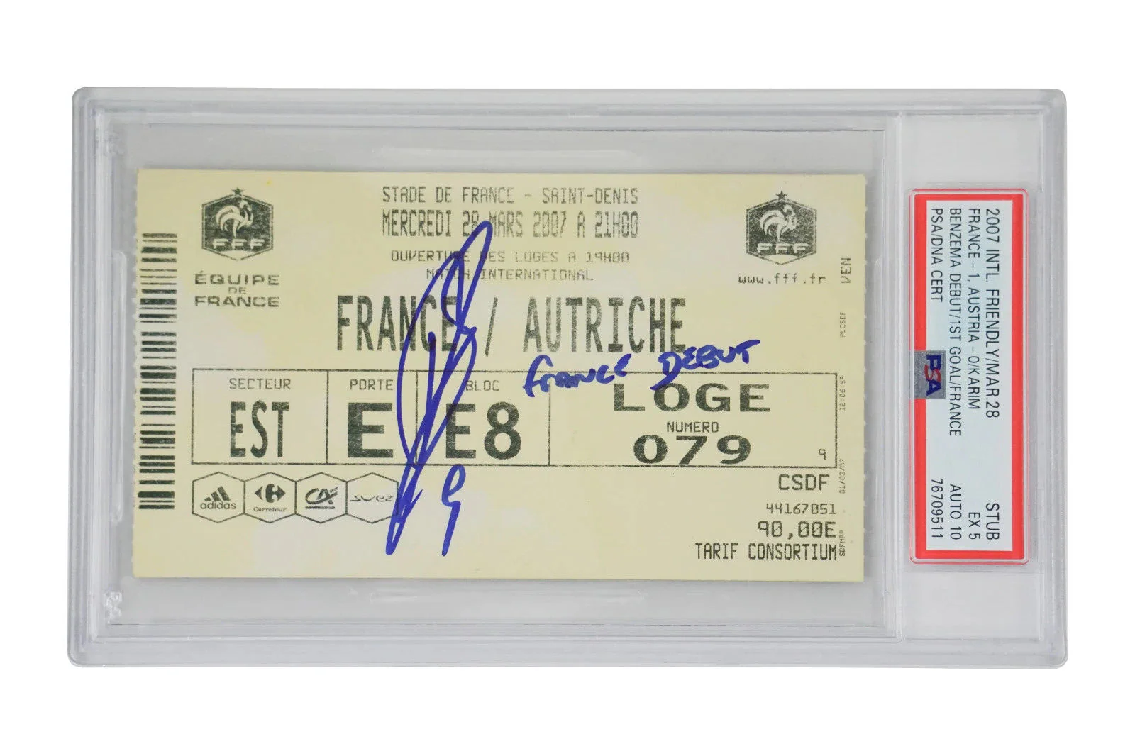 Karim Benzema Signed 2007 France Debut Ticket Inscribed France Debut – PSA 5