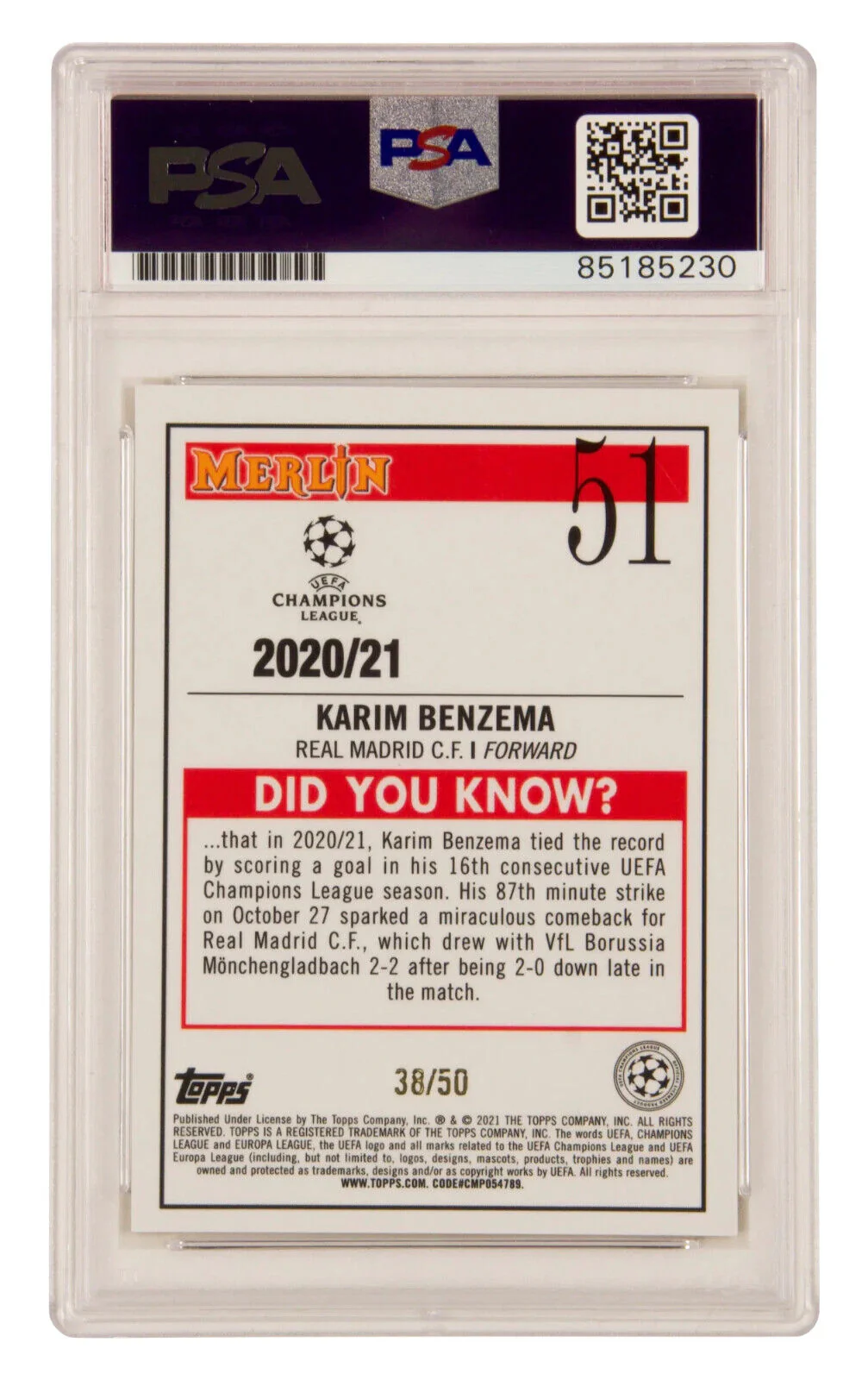 Karim Benzema Signed 2020-21 Topps Merlin Chrome Gold /50 – PSA 10 Autograph - Image 2