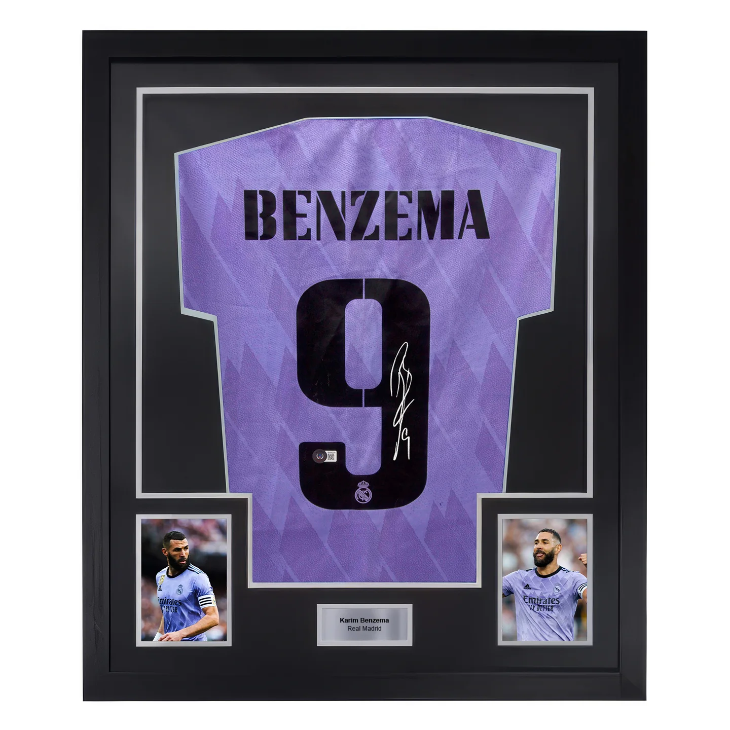 Framed Karim Benzema Signed Real Madrid FC Away Soccer Jersey #9 with Beckett COA