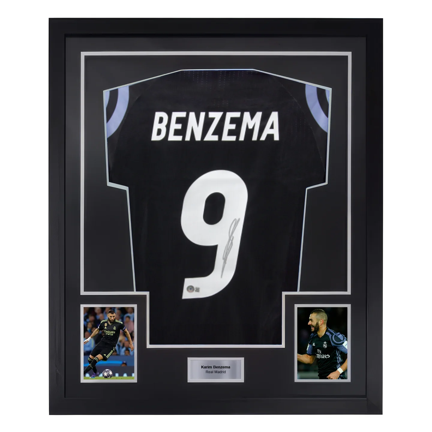 Framed Karim Benzema Signed Real Madrid FC Away Soccer Jersey #9 with Beckett COA