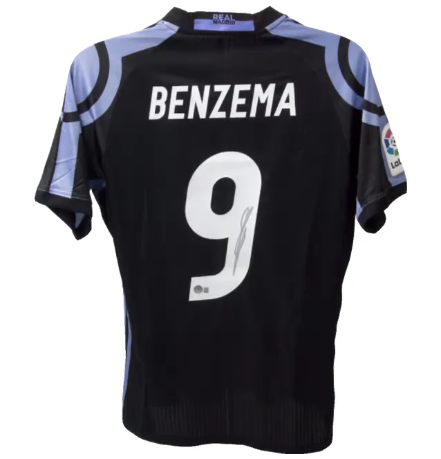 Framed Karim Benzema Signed Real Madrid FC Away Soccer Jersey #9 with Beckett COA - Image 3