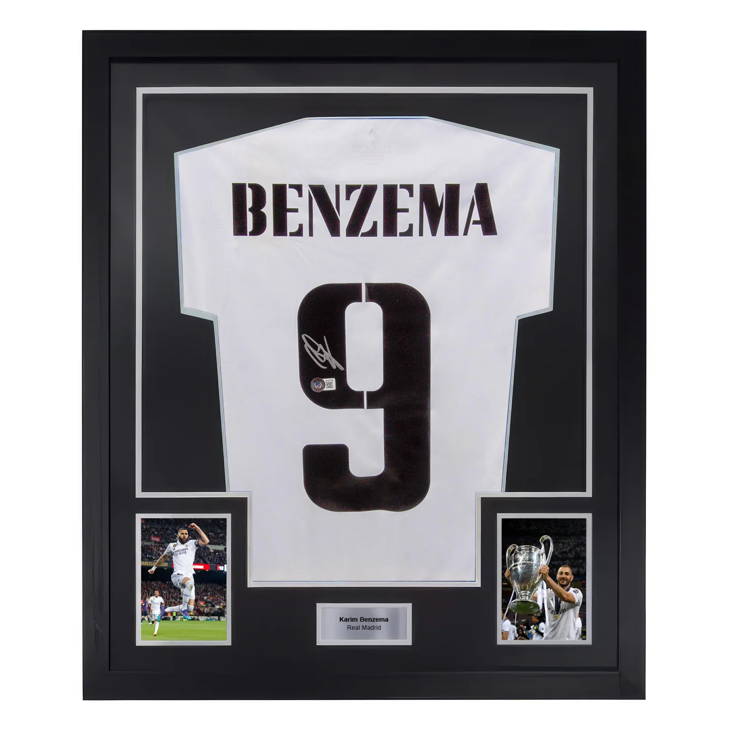 Framed Karim Benzema Signed Real Madrid FC Home Soccer Jersey #9 with Beckett COA