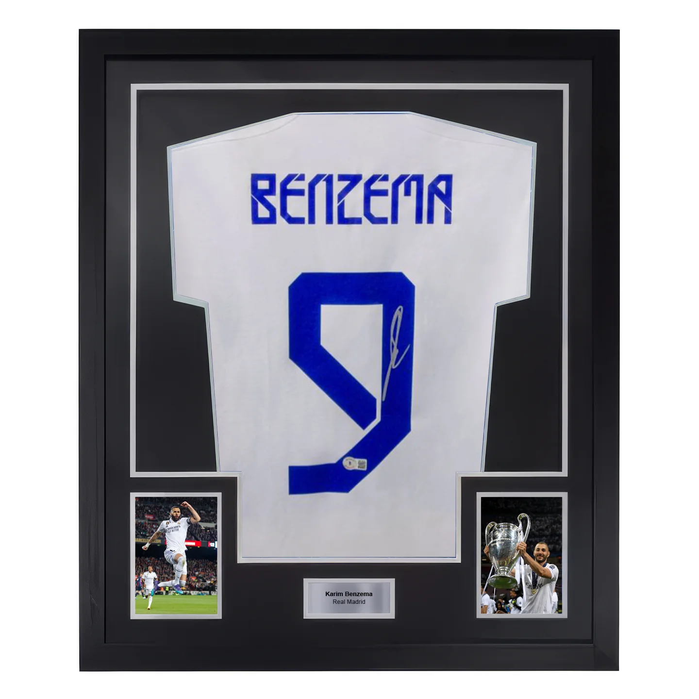 Framed Karim Benzema Signed Real Madrid FC Home Soccer Jersey #9 with Beckett COA