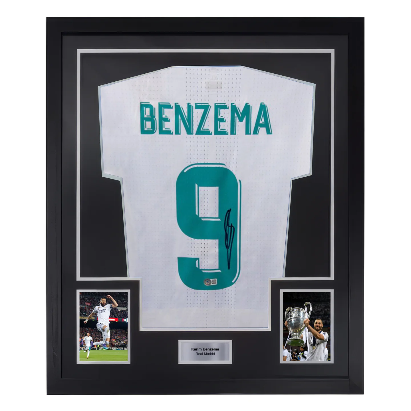 Framed Karim Benzema Signed Real Madrid FC Home Soccer Jersey #9 with Beckett COA