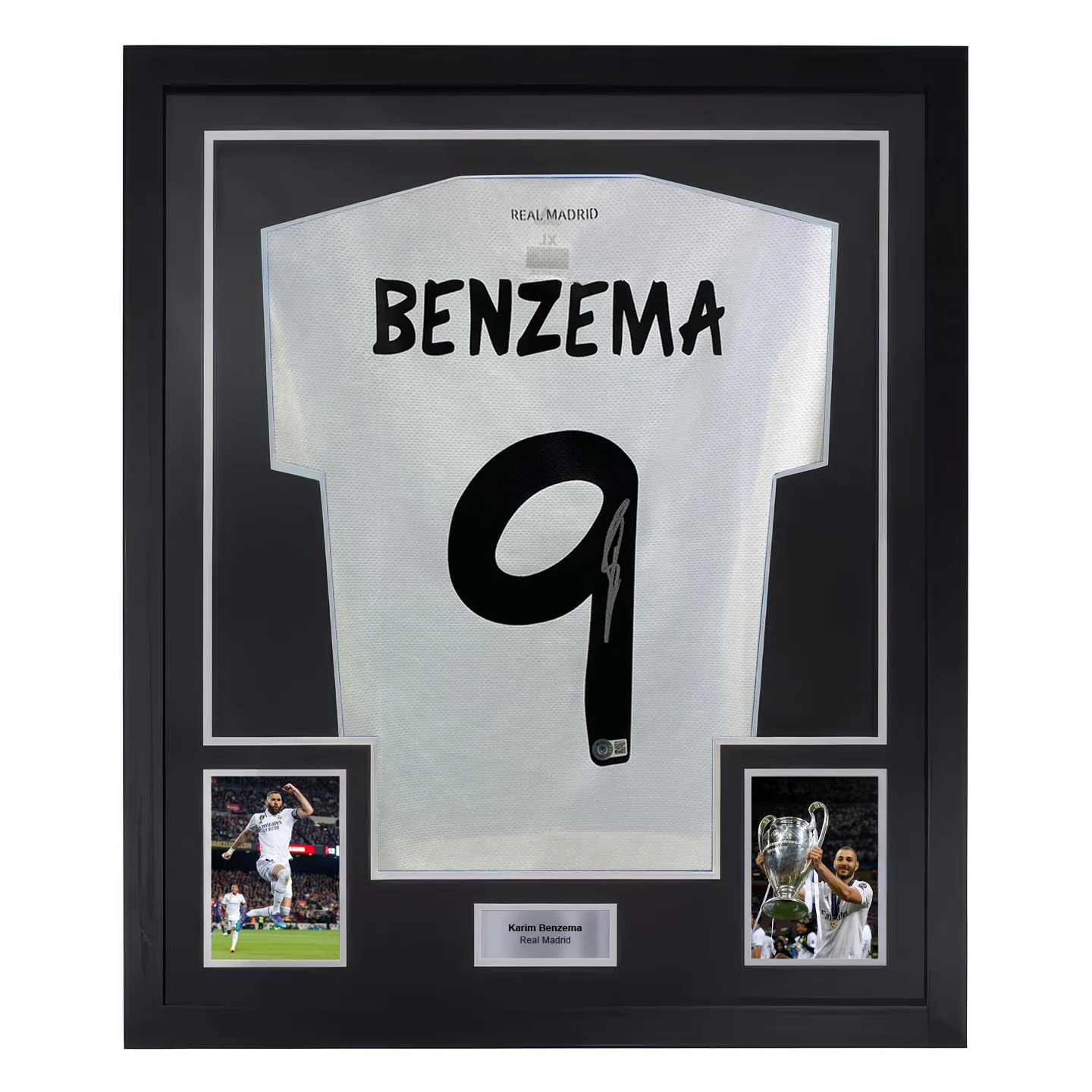 Framed Karim Benzema Signed Real Madrid FC Home Soccer Jersey #9 with Beckett COA