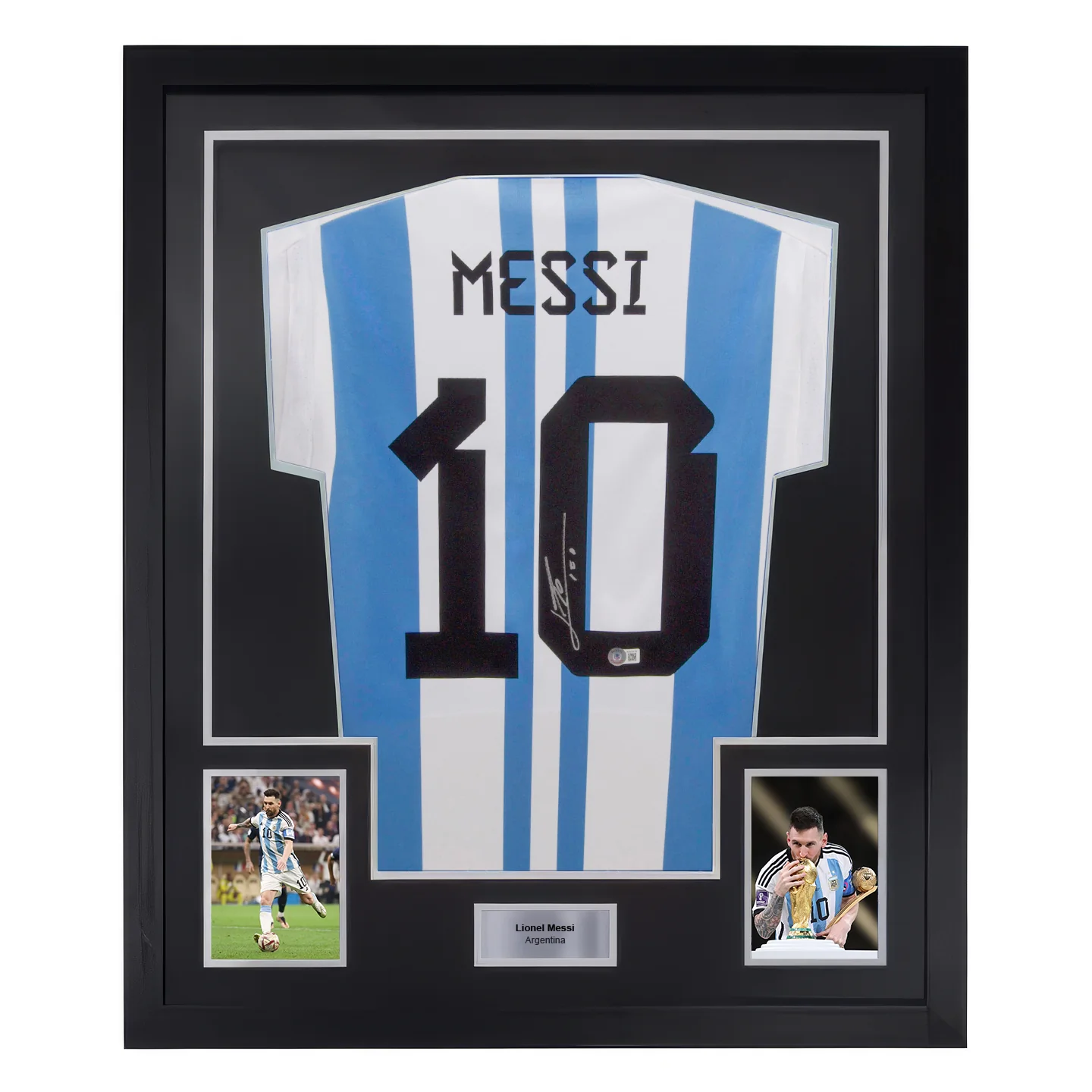 Framed Lionel Messi Signed Argentina Home Soccer Jersey #10 with Beckett Witness