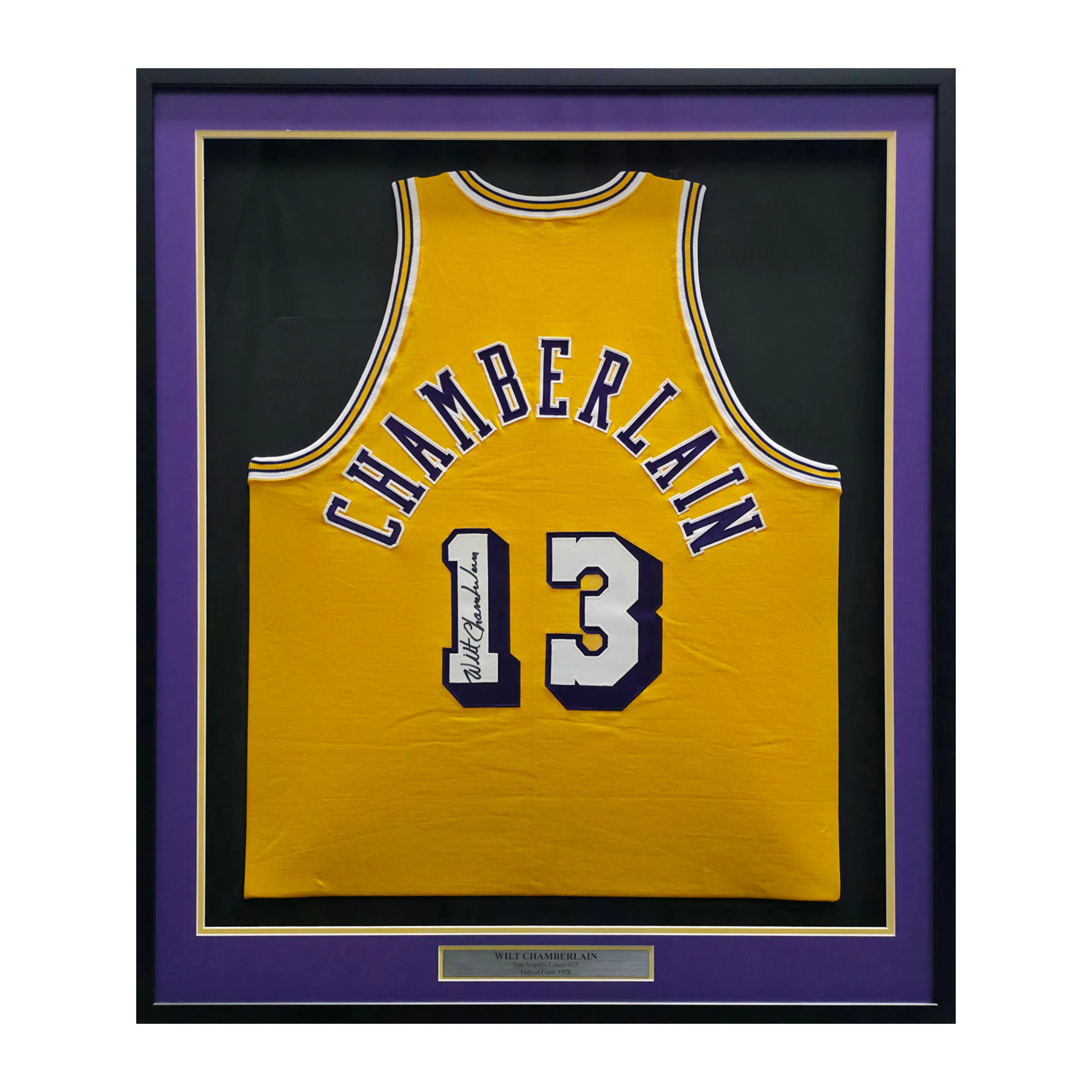Los Angeles Lakers Wilt Chamberlain Autographed Framed Gold Jersey JSA