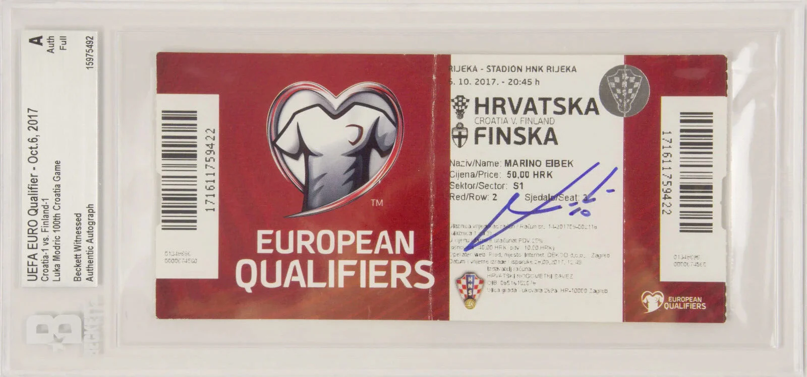 Luka Modric Signed 2017 Record 100th Croatia Game Match Ticket – BGS Authentic