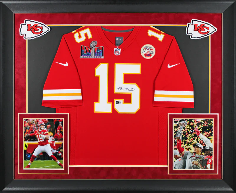 Patrick Mahomes Signed Kansas City Chiefs LVIII Logo Framed Football Jersey with Beckett Witness