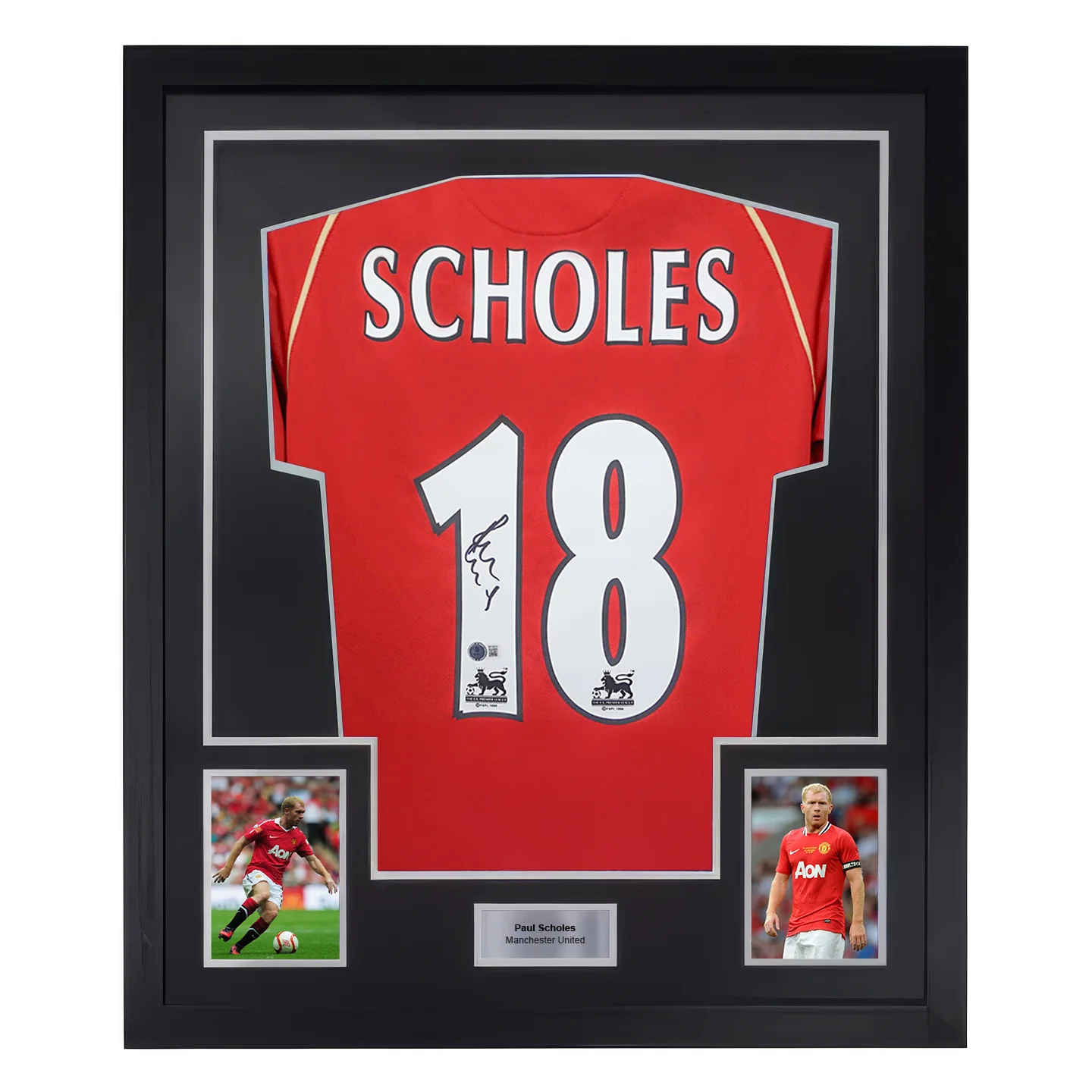 Framed Paul Scholes Signed Manchester Utd Home Soccer Jersey #18 with Beckett Witness