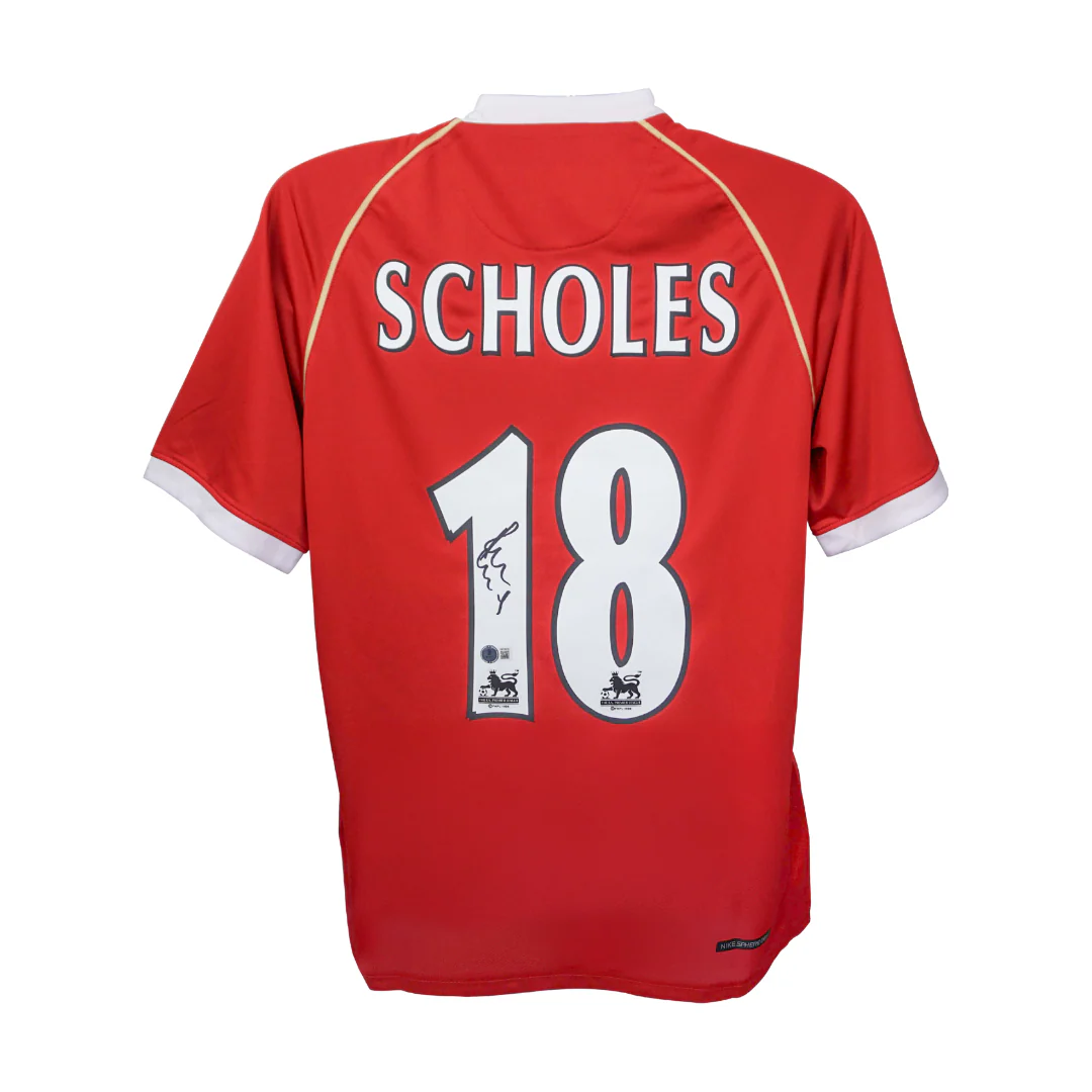 Framed Paul Scholes Signed Manchester Utd Home Soccer Jersey #18 with Beckett Witness - Image 2