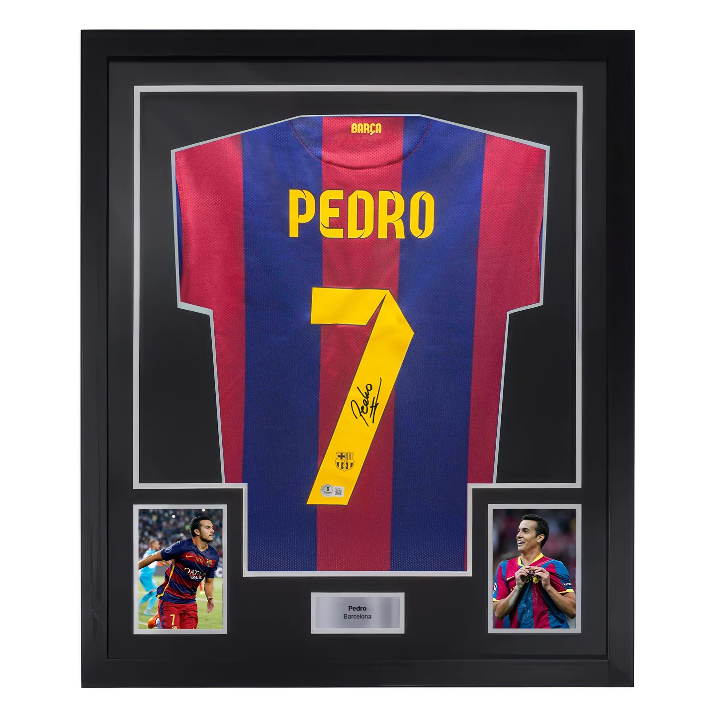 Framed Pedro Signed FC Barcelona Home Soccer Jersey #7 with Beckett COA