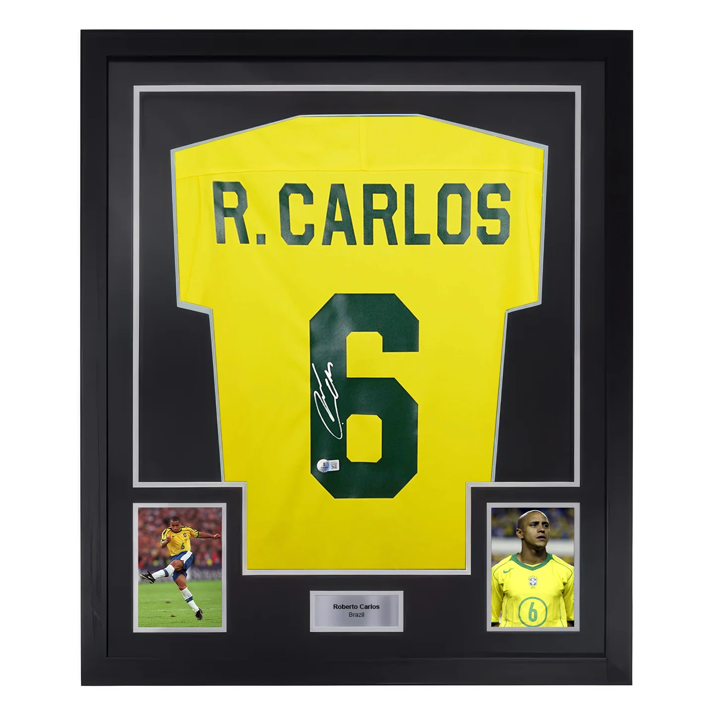 Framed Roberto Carlos Signed Brazil Home Soccer Jersey #6 with Beckett Witness