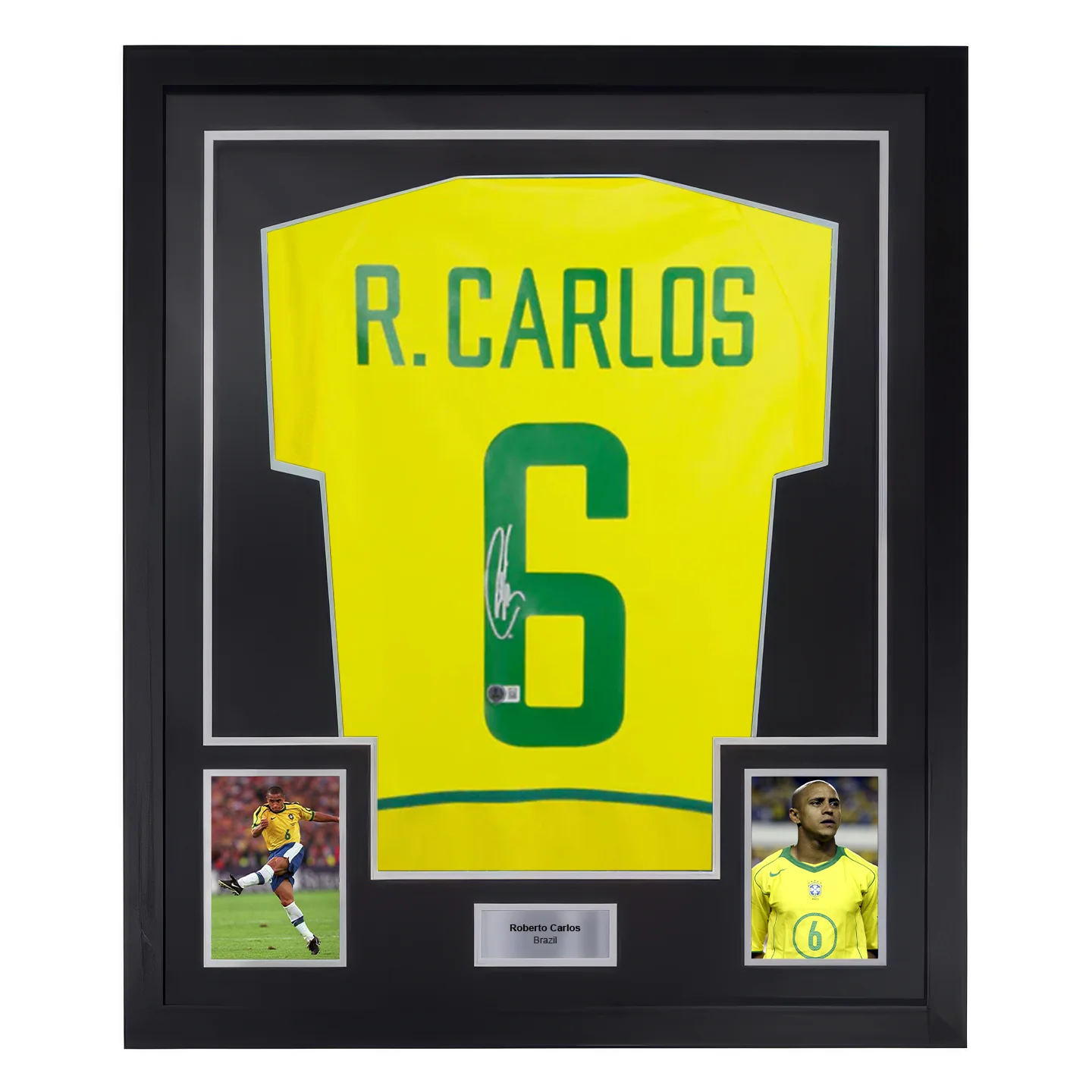 Framed Roberto Carlos Signed Brazil Soccer Jersey #6 with Beckett Witness