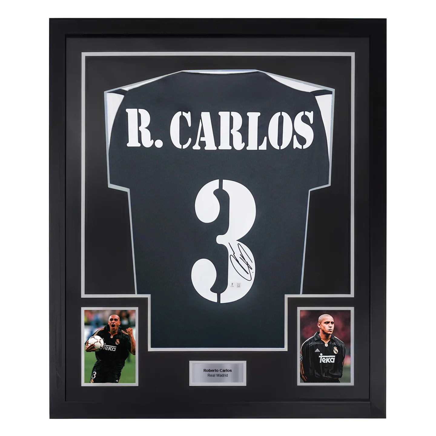 Framed Roberto Carlos Signed Real Madrid FC Soccer Jersey #3 with Beckett Witness