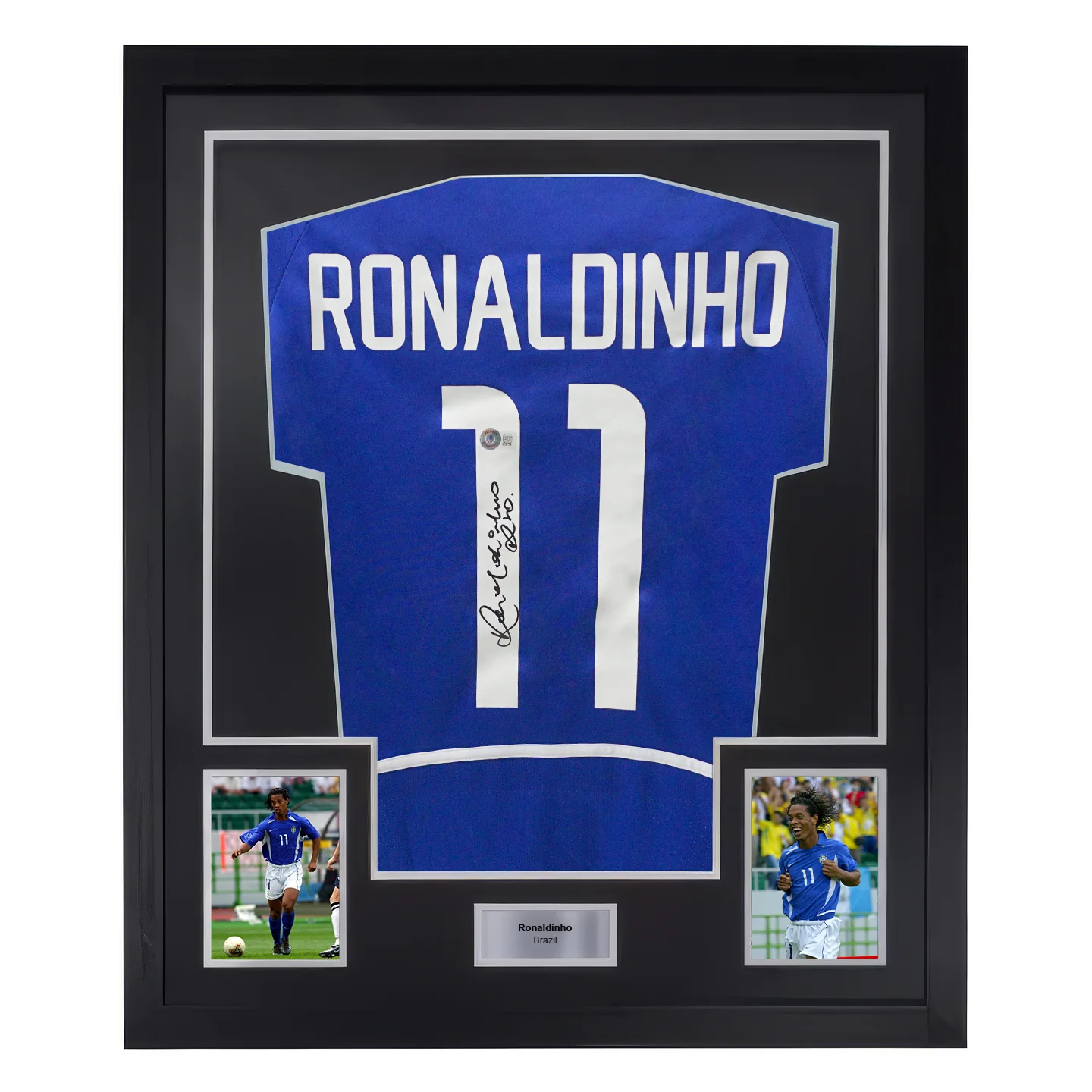Framed Ronaldinho Signed Brazil FC Away Soccer Jersey #11 with Beckett COA