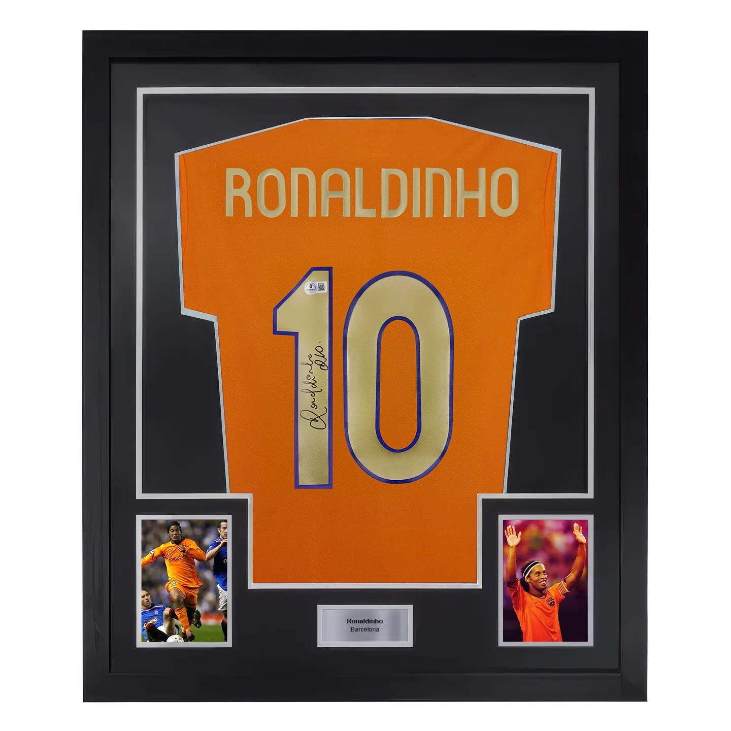 Framed Ronaldinho Signed FC Barcelona Away Soccer Jersey #10 with Beckett COA