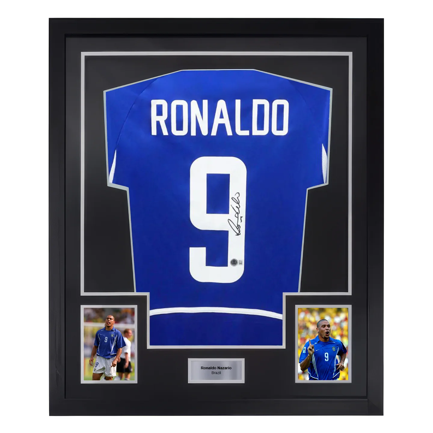 Framed Ronaldo Nazario Signed Brazil FC Away Soccer Jersey #9 with Beckett Witness