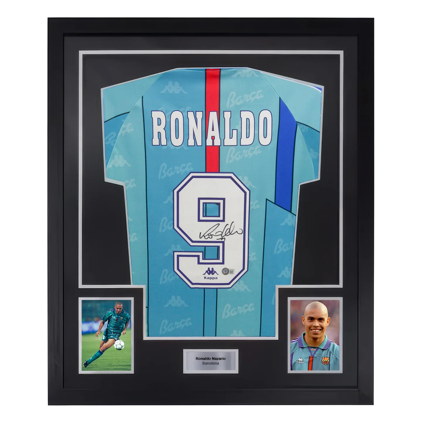 Framed Ronaldo Nazario Signed FC Barcelona Away Soccer Jersey #9 with Beckett COA